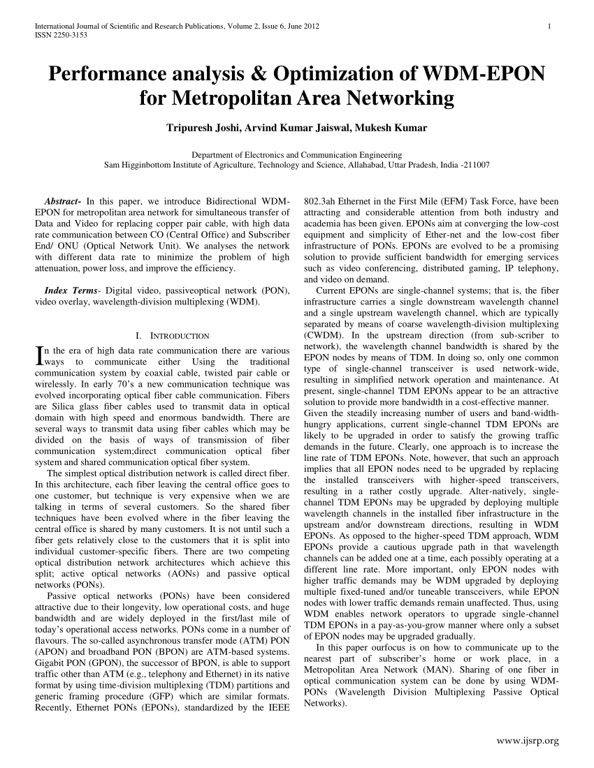 PDF) Performance analysis & Optimization of WDM-EPON for Metropolitan Area  Networking