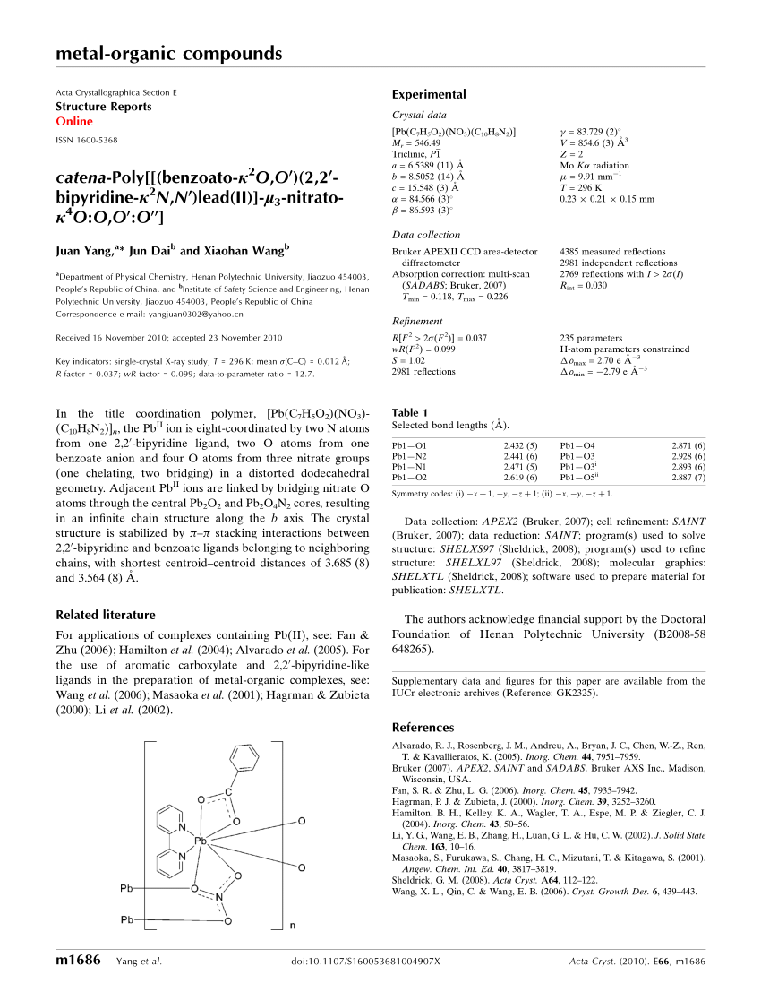 (PDF) catenaPoly[[(benzoato[kappa]2O,O')(2,2'bipyridine[kappa]2N,N')lead(II)][mu]3nitrato