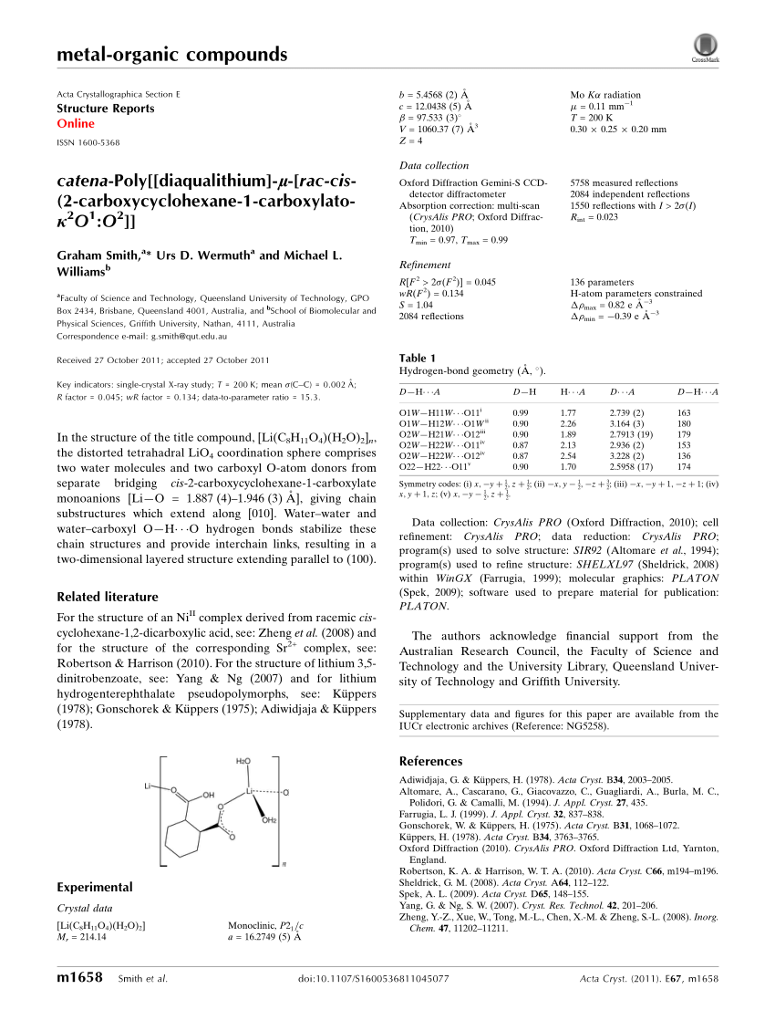 Pdf Catena Poly Diaqualithium Mu Rac Cis 2 Carboxycyclohexane 1 Carboxylato Kappa 2o1 O2