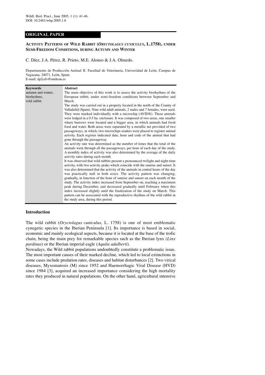 (PDF) Activity Patterns of Wild Rabbit (Oryctolagus cuniculus, L.1758