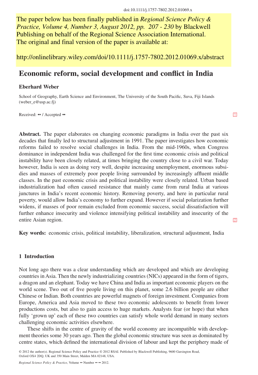 PDF) Economic reform, social development and conflict in India