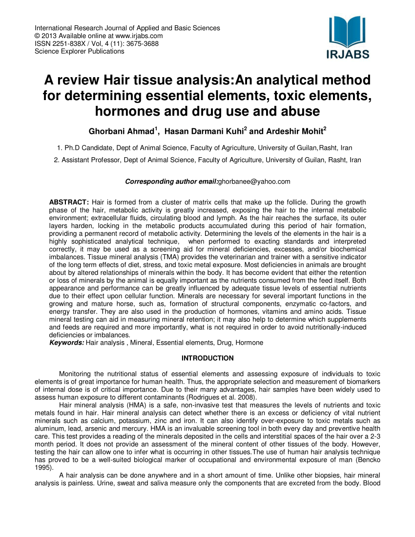 PDF) A review Hair tissue analysis: An analytical method for determining  essential elements, toxic elements, hormones and drug use and abuse