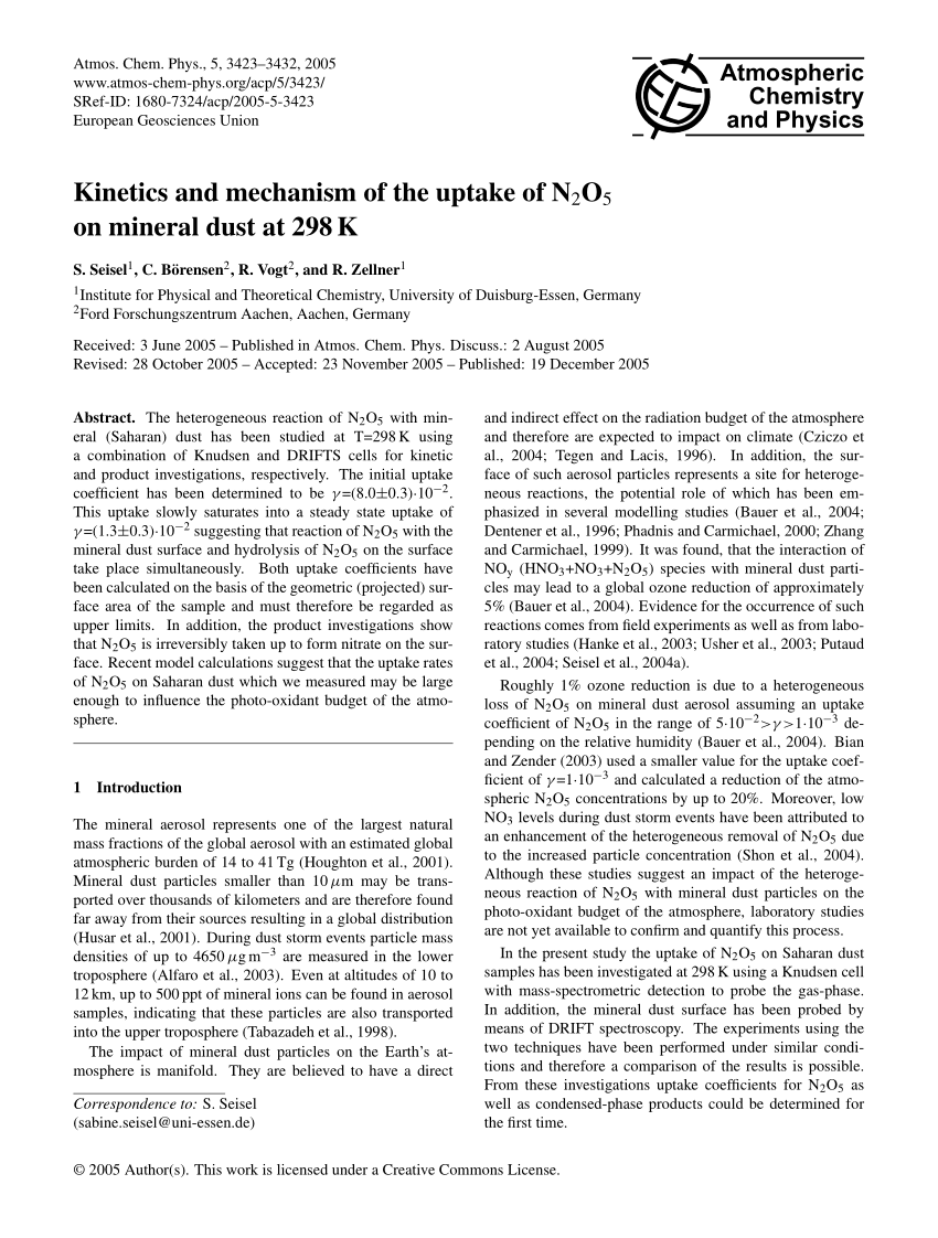 Pdf Kinetics And Mechanism Of The Uptake Of N2o5 On Mineral Dust At 298 K