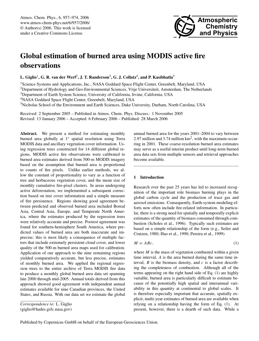 Pdf Global Estimation Of Burned Area Using Modis Active Fire Observations