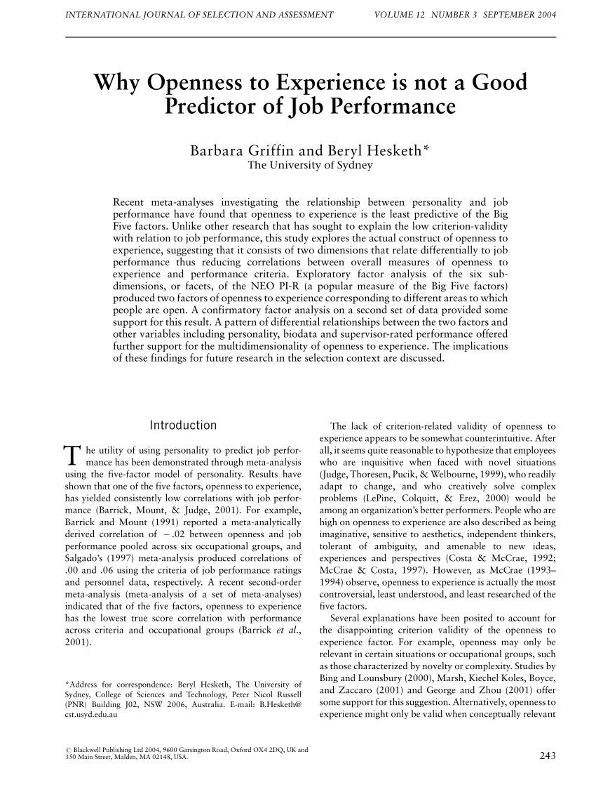 Pdf Why Openness To Experience Is Not A Good Predictor Of Job Performance