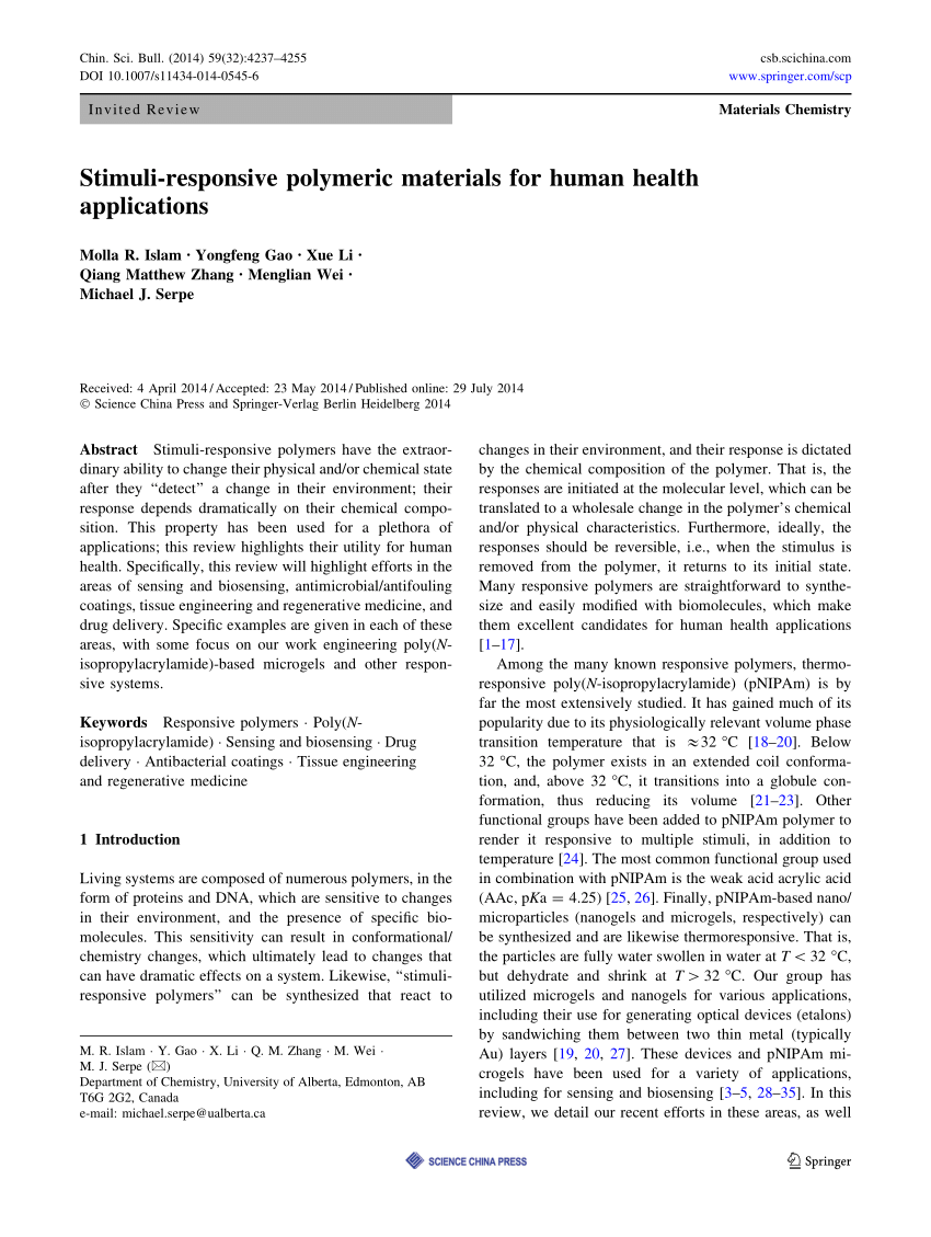 Pdf Stimuli Responsive Polymeric Materials For Human Health Applications