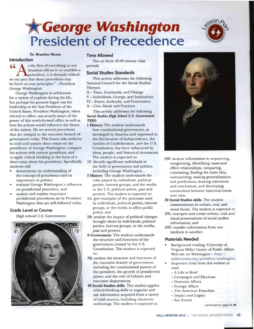 Pdf George Washington President Of Precedence Lesson Plan
