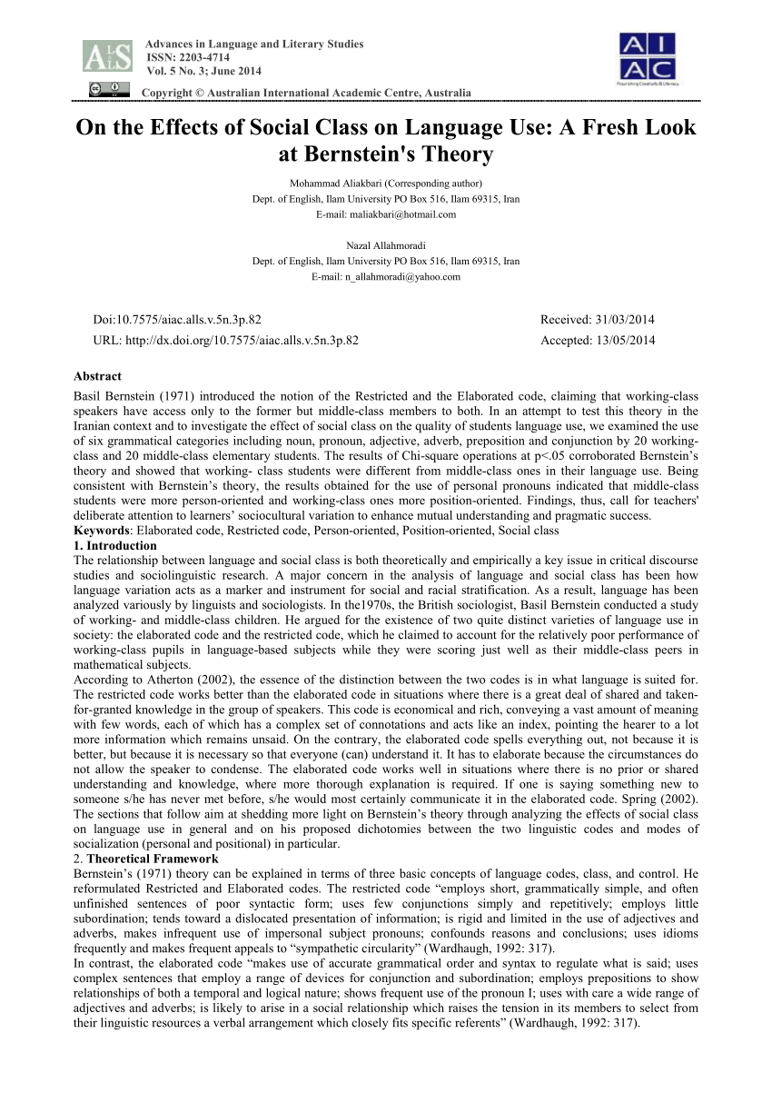 Pdf On The Effects Of Social Class On Language Use A Fresh Look At Bernstein S Theory Doi 10 7575 Aiac Alls V 5n 3p