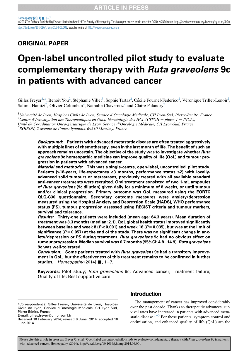 Pdf Open Label Uncontrolled Pilot Study To Evaluate Complementary Therapy With Ruta Graveolens 9c In Patients With Advanced Cancer