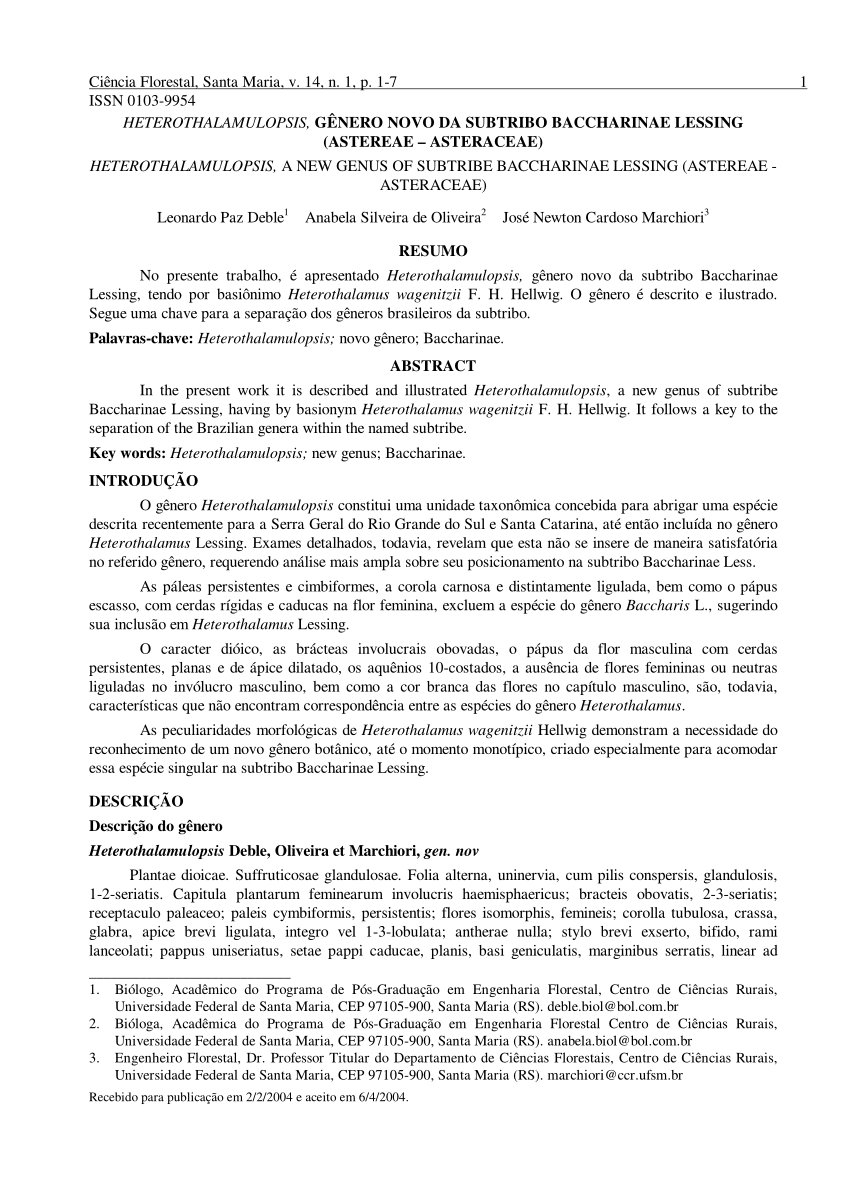 Pdf Heterothalamulopsis Genero Novo Da Subtribo Baccharinae Lessing Astereae Asteraceae