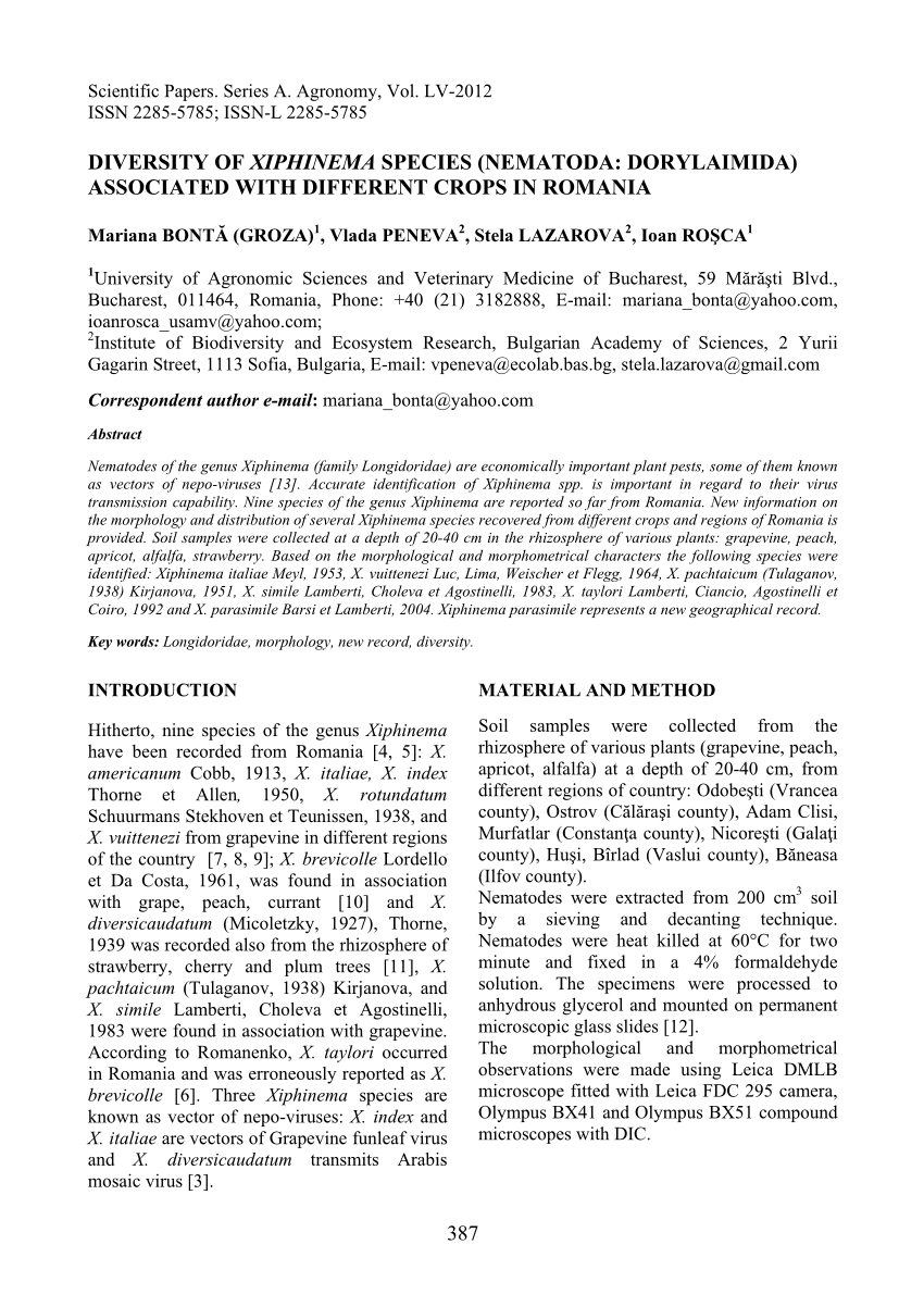 Pdf Diversity Of Xiphinema Species Nematoda Dorylaimida Associated With Different Crops In Romania