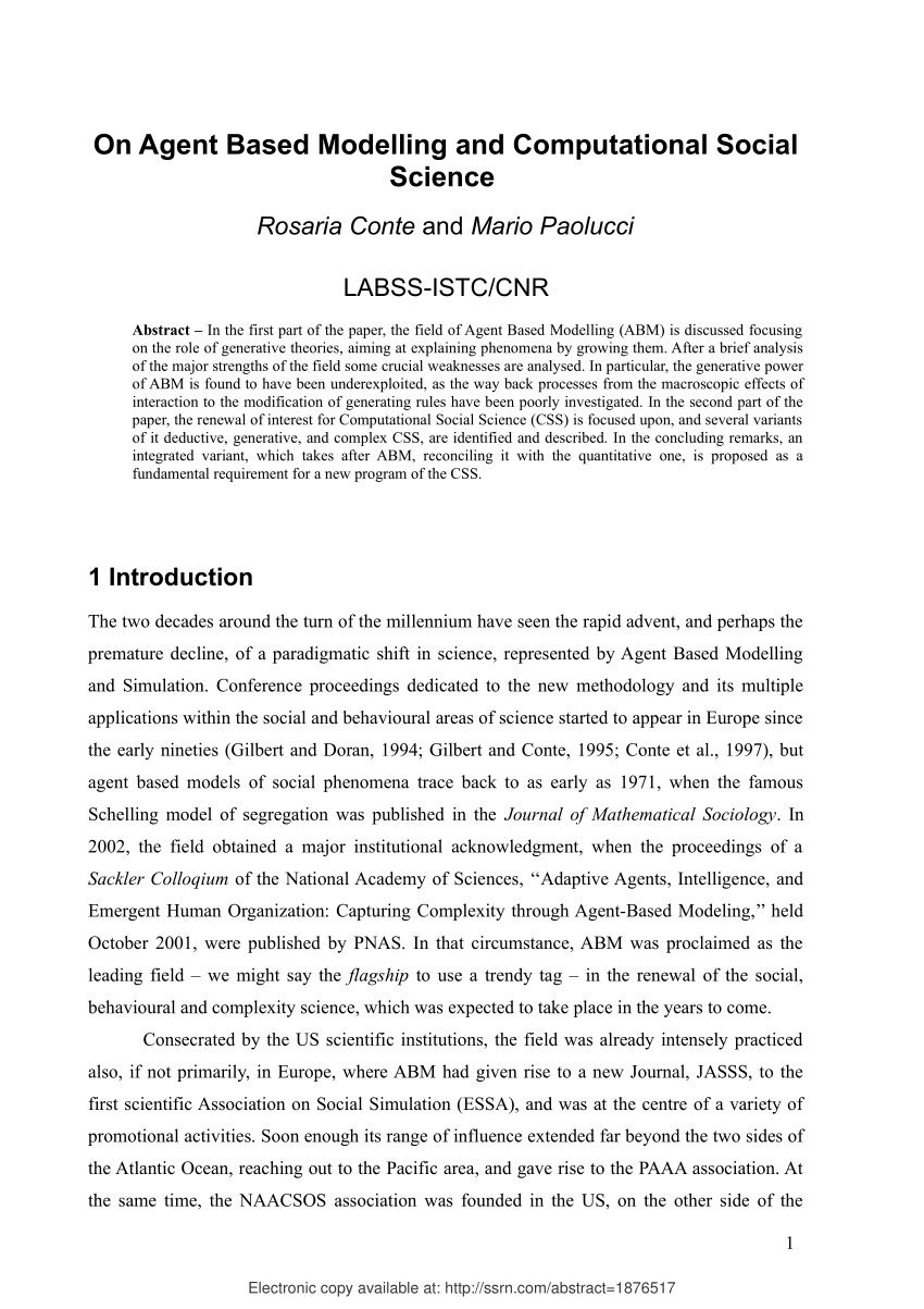 Pdf On Agent Based Modelling And Computational Social Science - 