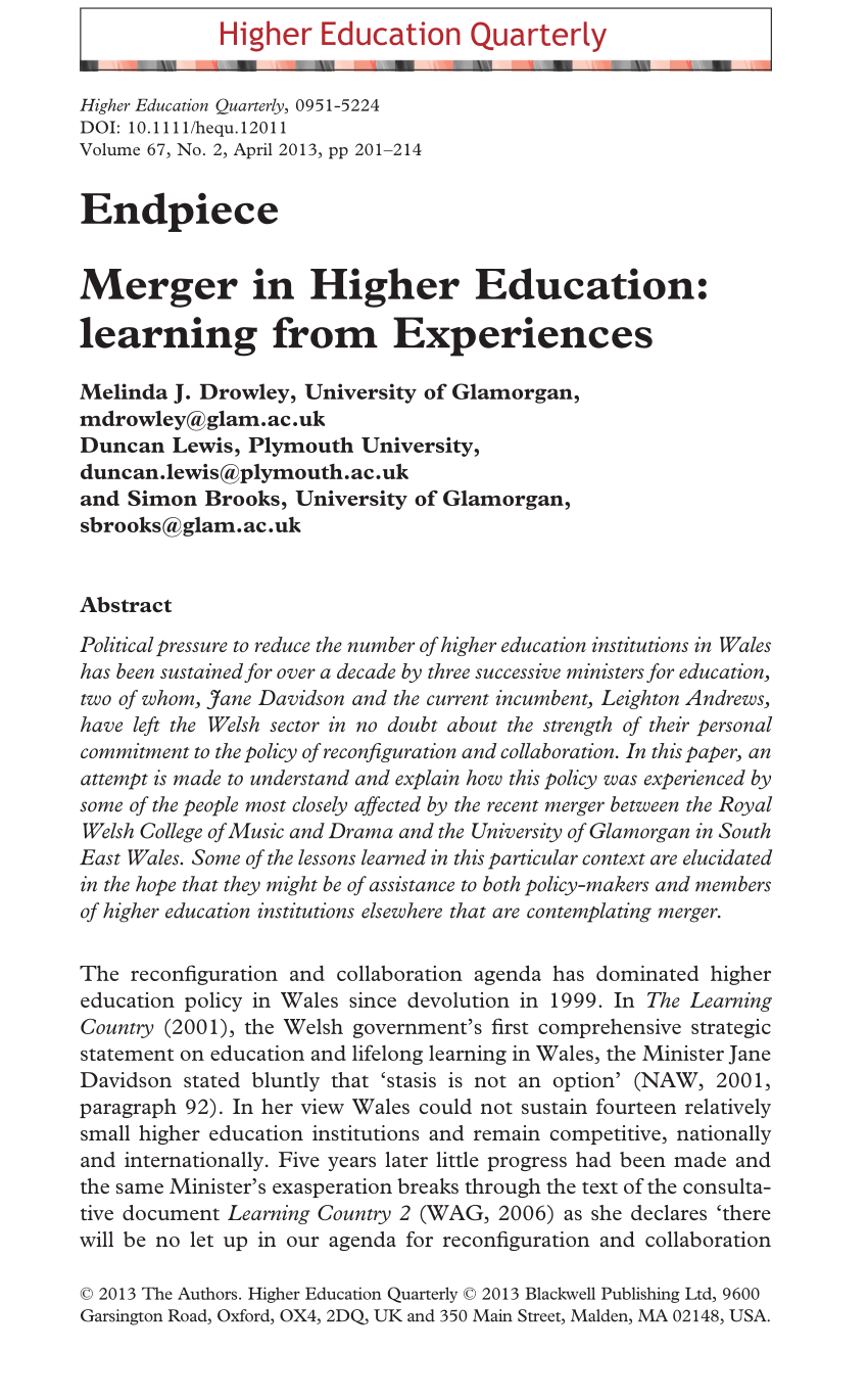 Pdf Merger In Higher Education Learning From Experiences