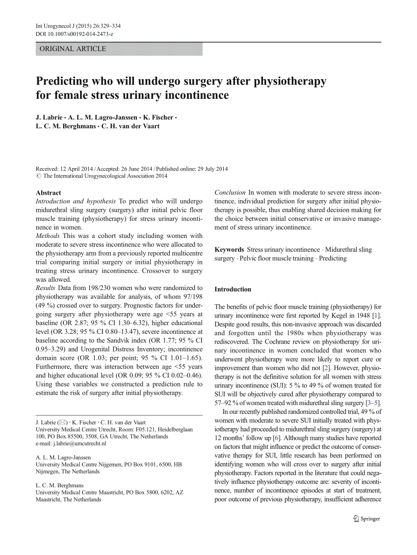 PDF) Pelvic floor parameters predict postpartum stress urinary  incontinence: a prospective MRI study