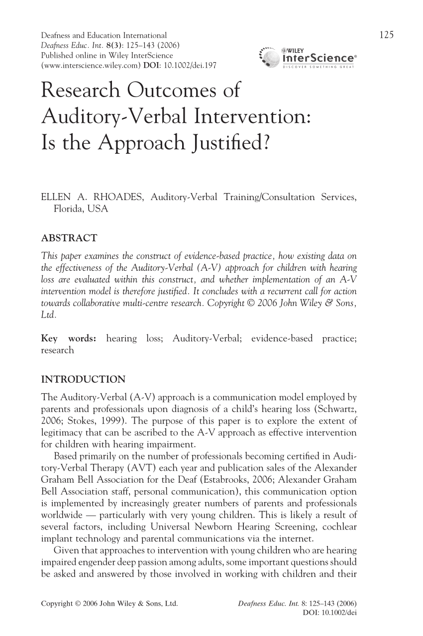 Pdf Research Outcomes Of Auditory Verbal Intervention Is The Approach Justified