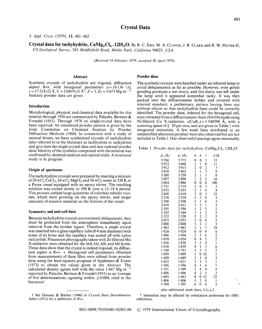 Pdf Crystal Data For Tachyhydrite Camg2cl6 12h2o