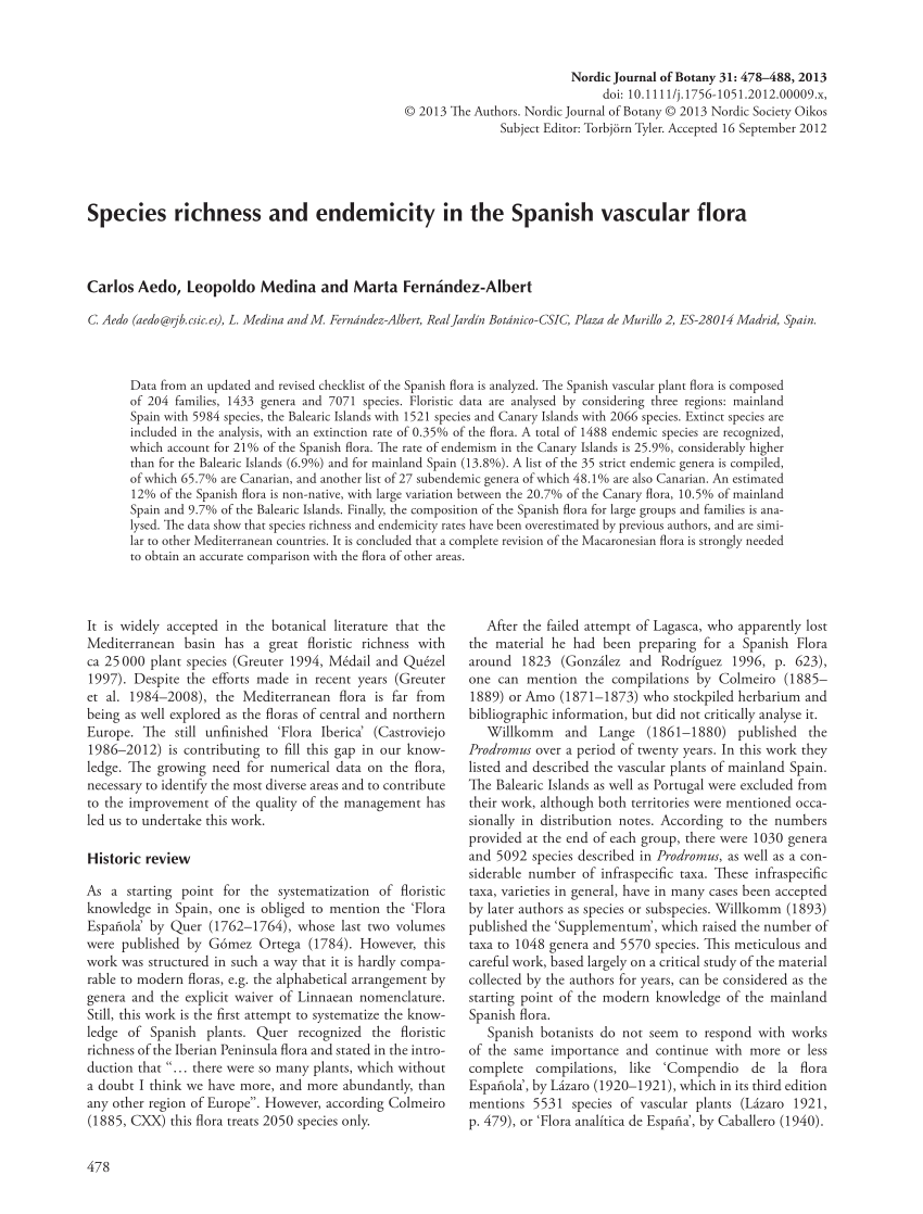 Pdf Species Richness And Endemicity In The Spanish Vascular Flora