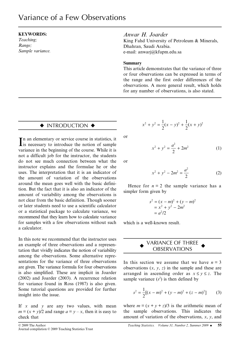 Pdf Variance Of A Few Observations