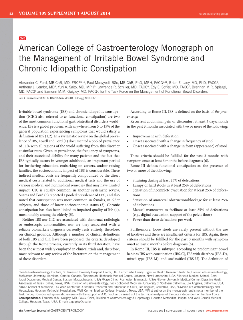 Pdf American College Of Gastroenterology Monograph On The Management Of Irritable Bowel Syndrome And Chronic Idiopathic Constipation