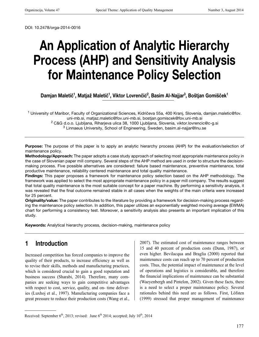 Pdf An Application Of Analytic Hierarchy Process Ahp And Sensitivity Analysis For 4104
