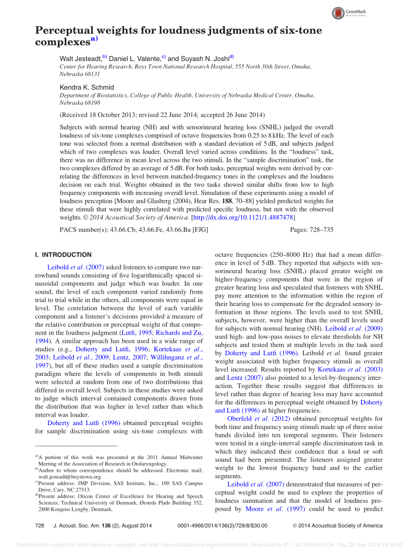 Pdf Perceptual Weights For Loudness Judgments Of Six Tone Complexes