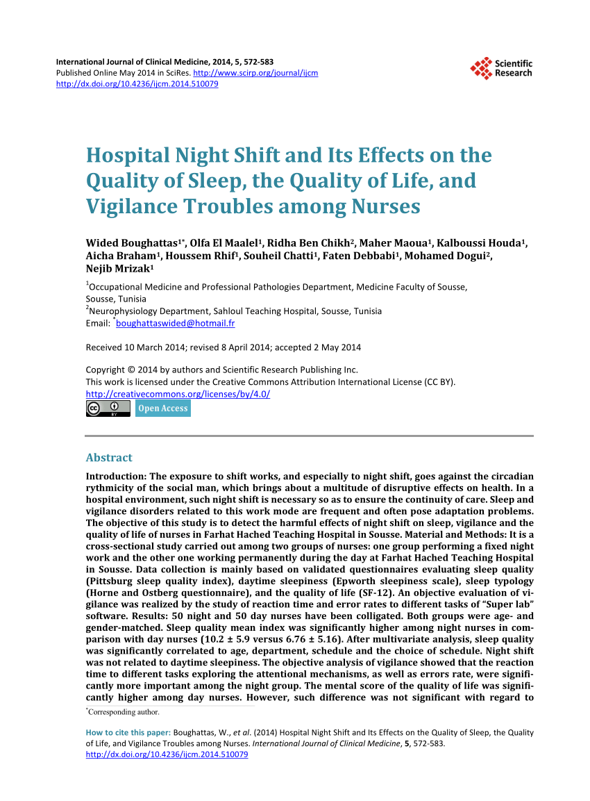 PDF) Hospital Night Shift and Its Effects on the Quality of Sleep, the  Quality of Life, and Vigilance Troubles among Nurses