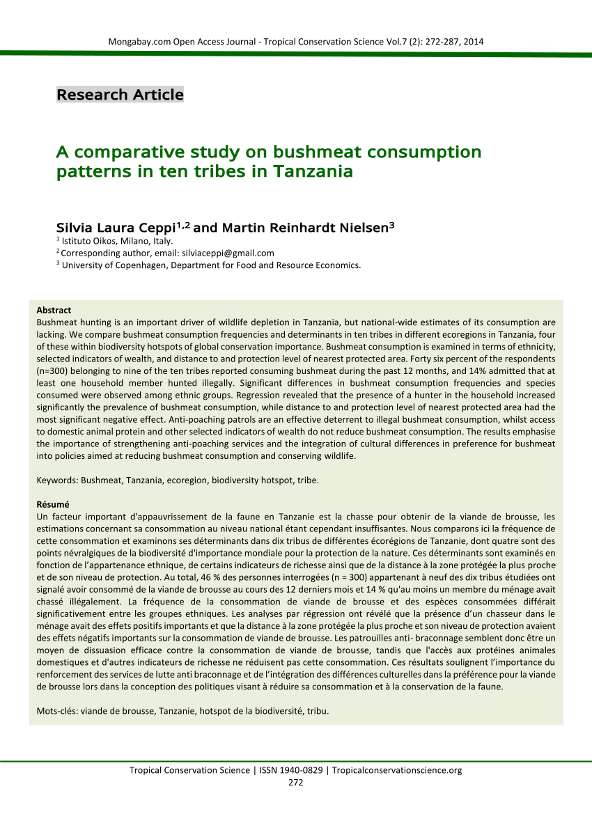 PDF A Comparative Study on Bushmeat Consumption Patterns in ten ...