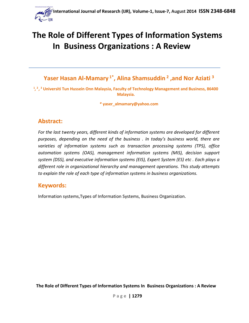 Pdf The Role Of Different Types Of Information Systems In Business Organizations A Review