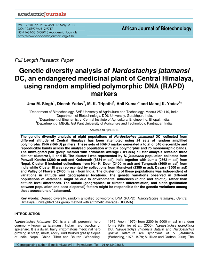 PDF) Genetic diversity analysis of Nardostachys jatamansi DC, an 