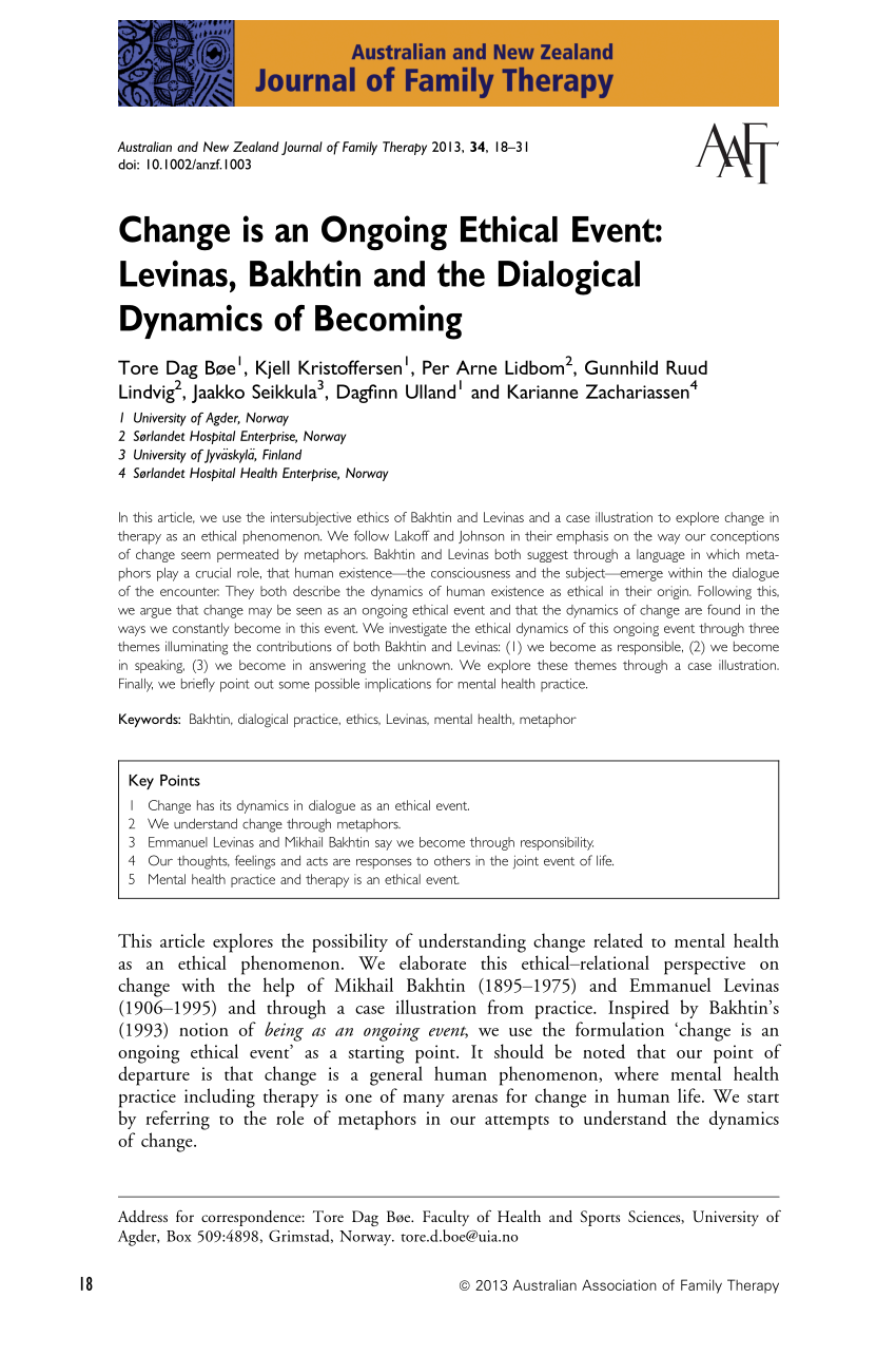 Pdf Change Is An Ongoing Ethical Event Levinas Bakhtin And The Dialogical Dynamics Of Becoming