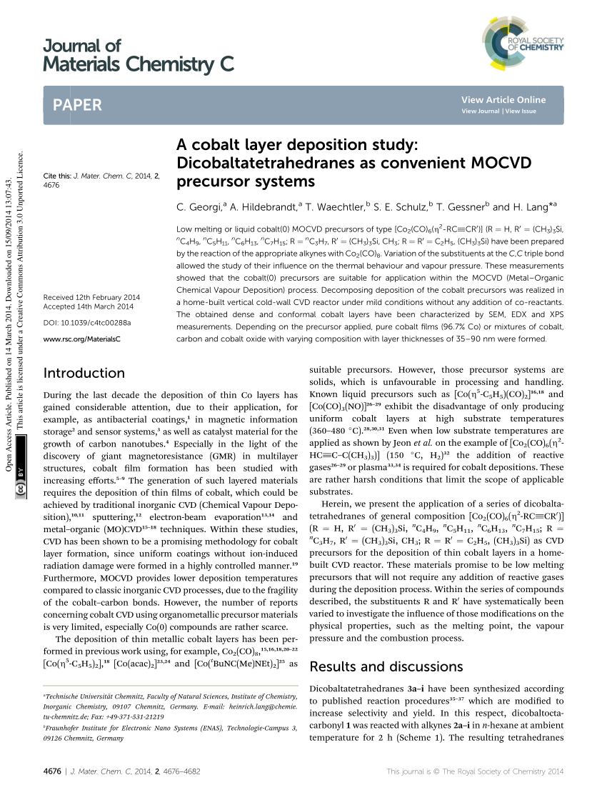 Pdf A Cobalt Layer Deposition Study Dicobaltatetrahedranes As Convenient Mocvd Precursor Systems