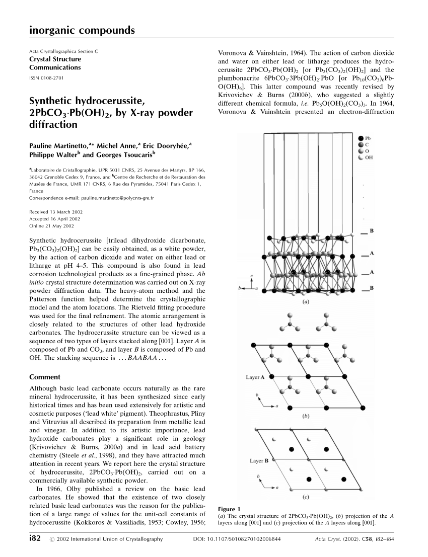 Pdf Synthetic Hydrocerussite 2pbco3 Pb Oh 2 By X Ray Powder Diffraction