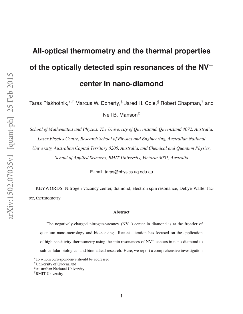 Pdf All Optical Thermometry And Thermal Properties Of The Optically Detected Spin Resonances Of The Nv Center In Nanodiamond