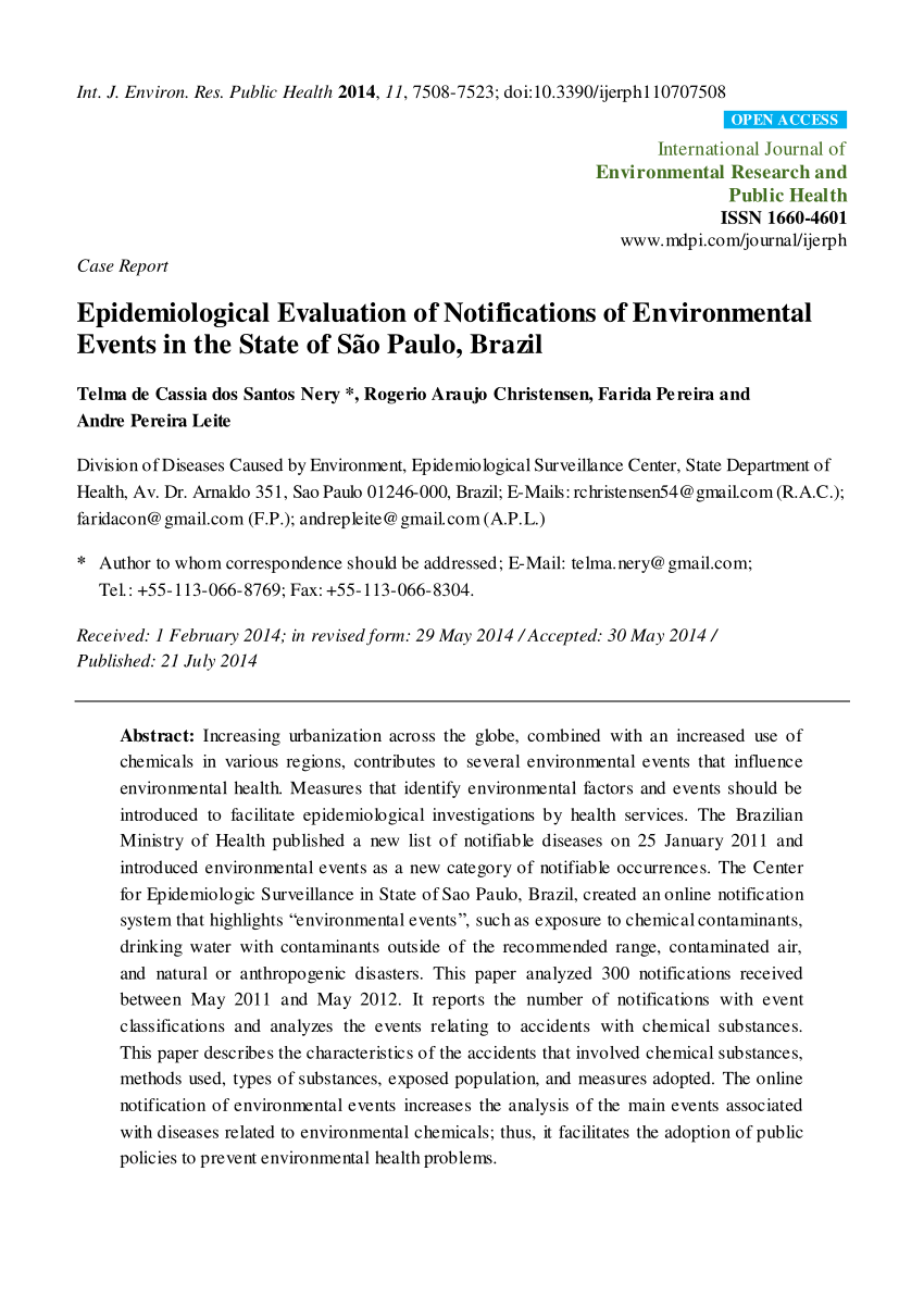 Pdf Epidemiological Evaluation Of Notifications Of Environmental Events In The State Of Sao Paulo Brazil