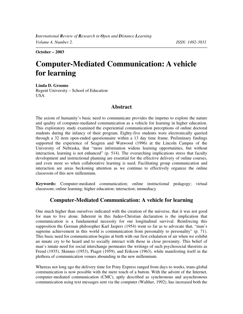 Pdf Computer Mediated Communication A Vehicle For Learning