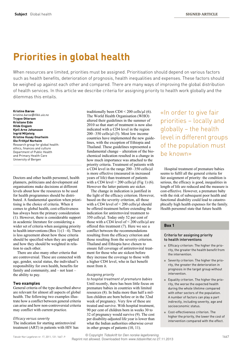 (PDF) Priorities in global health