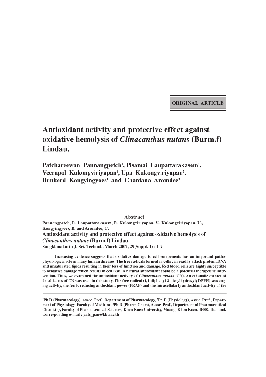 Pdf Antioxidant Activity And Protective Effect Against Oxidative Hemolysis Of Clinacanthus Nutans Burm F Lindau