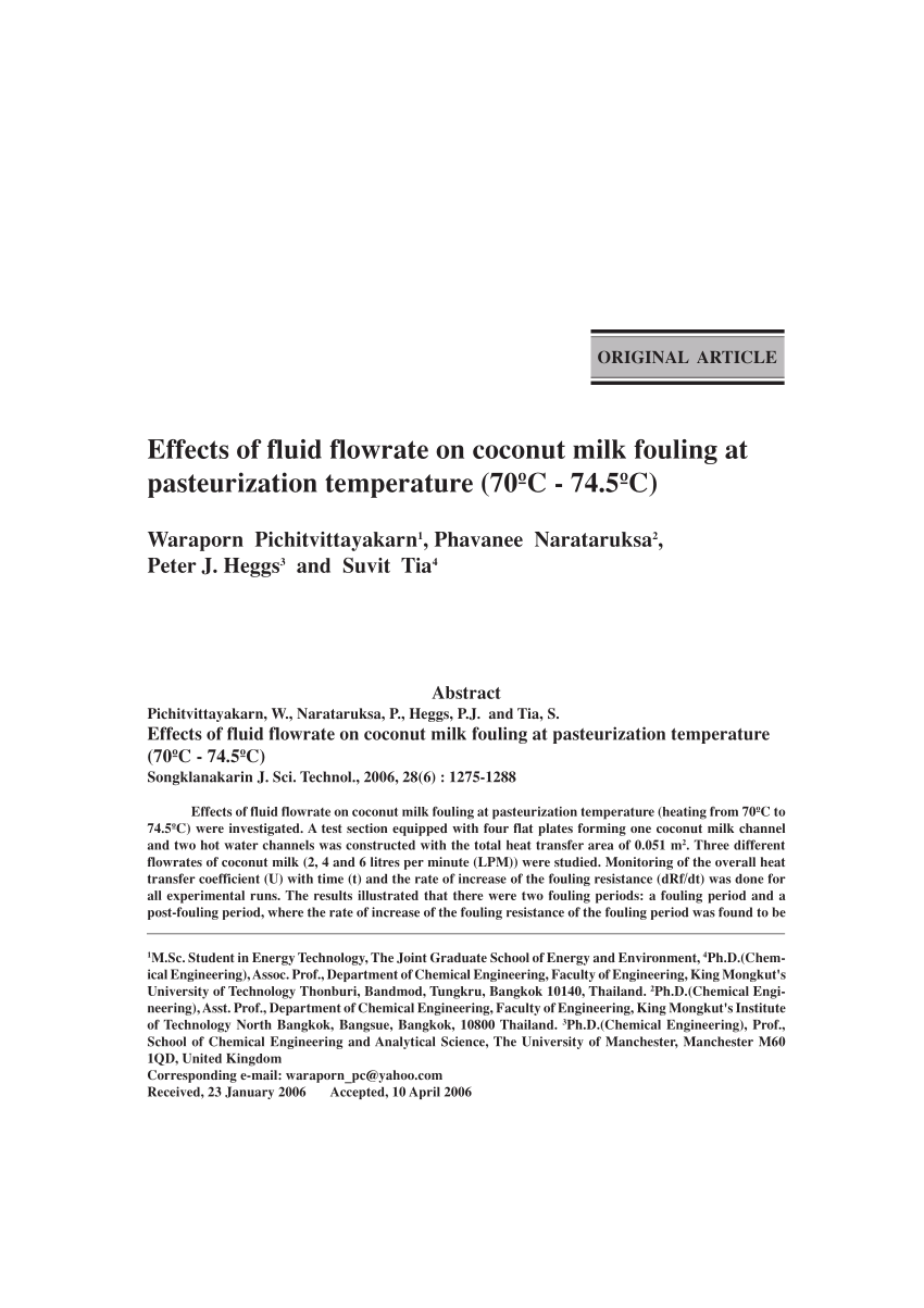 Pdf Effects Of Fluid Flowrate On Coconut Milk Fouling At Pasteurization Temperature 70 C 74 5 C
