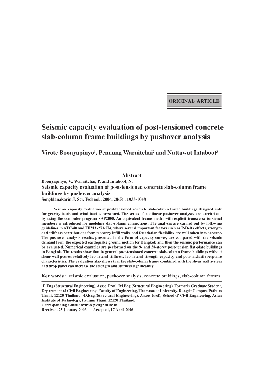 Pdf Seismic Capacity Evaluation Of Post Tensioned Concrete Slab Column Frame Buildings By Pushover Analysis