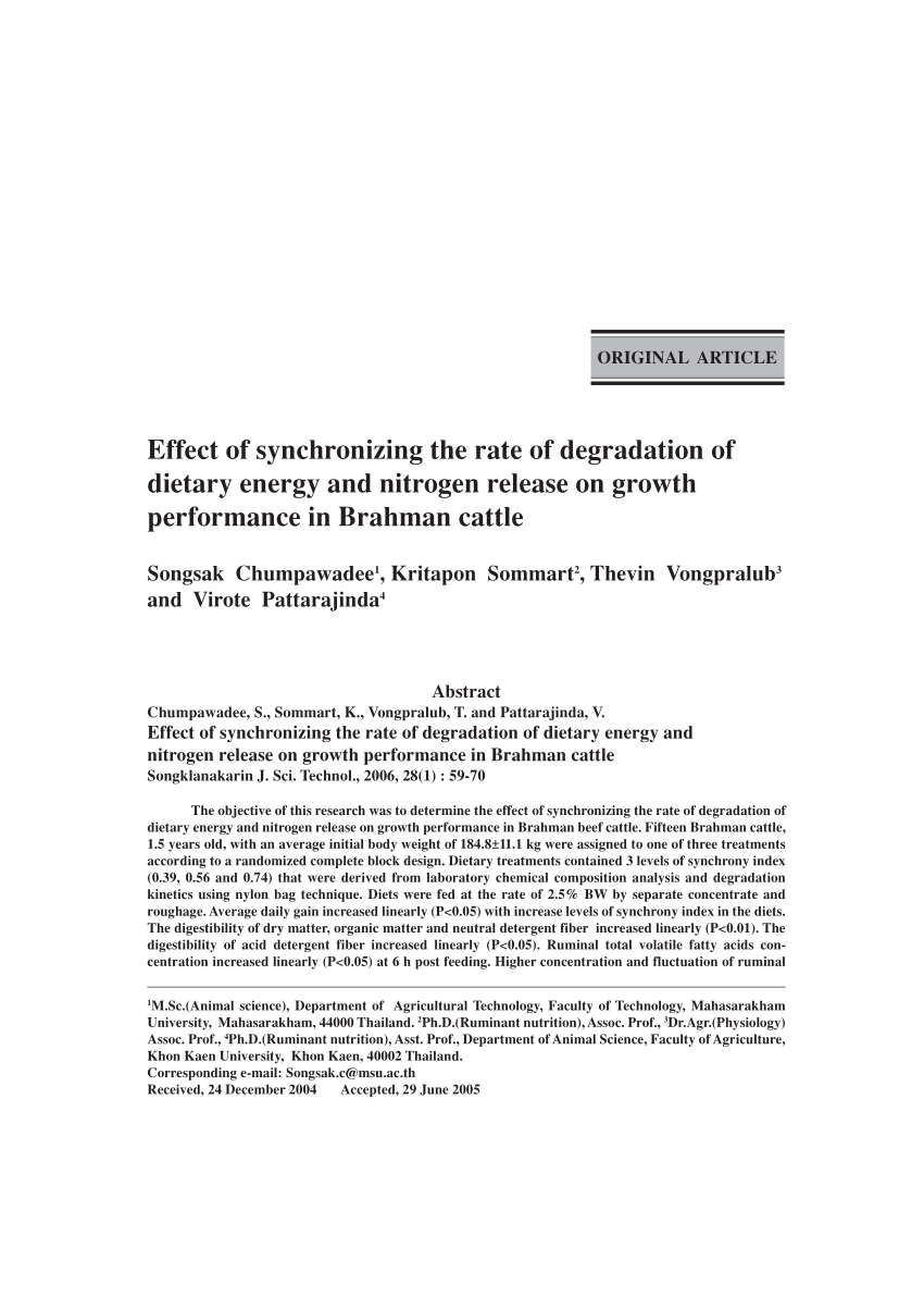Pdf Effect Of Synchronizing The Rate Of Degradation Of Dietary Energy And Nitrogen Release On Growth Performance In Brahman Cattle