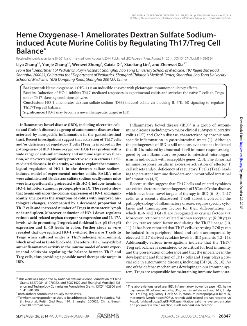 Pdf Heme Oxygenase 1 Ameliorates Dextran Sulfate Sodium Induced Acute Murine Colitis By Regulating Th17 Treg Cell Balance