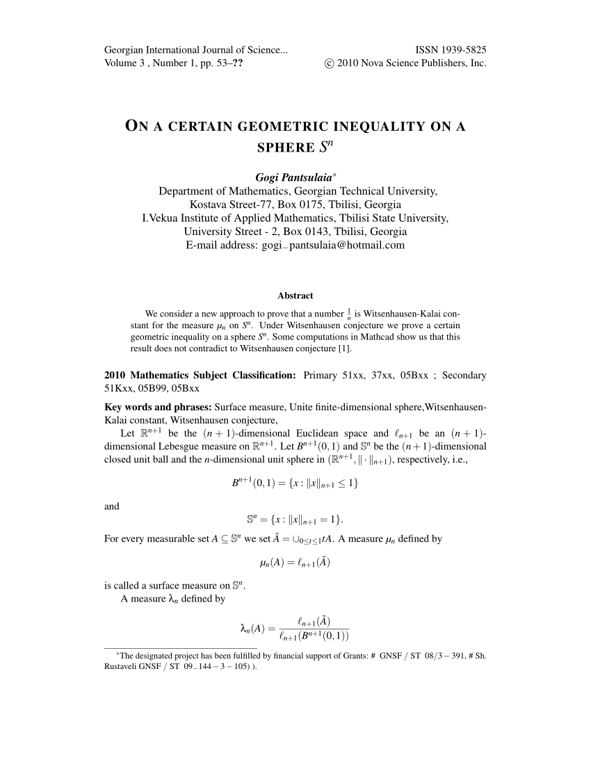 Pdf On A Certain Geometric Inequality On A Sphere Sn