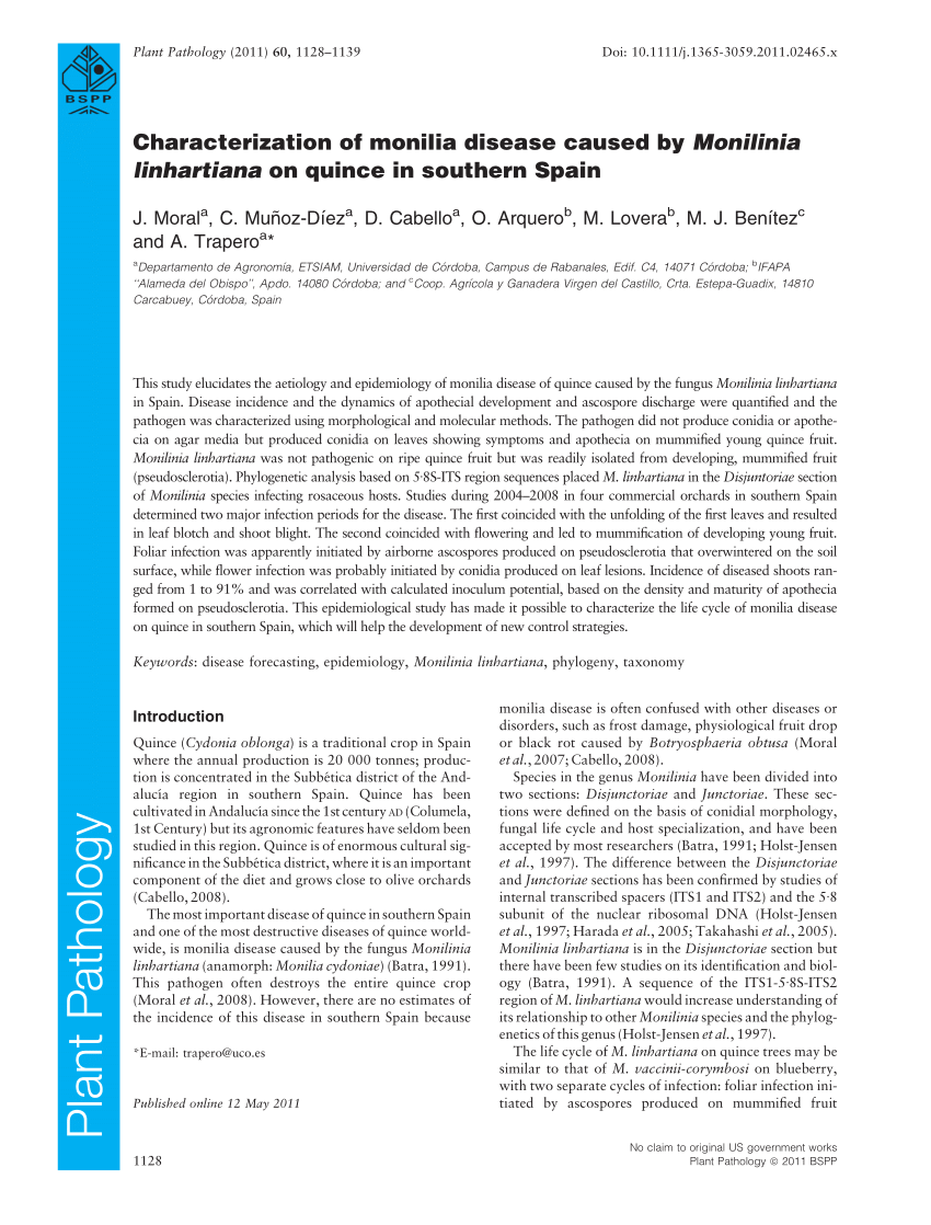 Pdf Characterization Of Monilia Disease Caused By Monilinia Linhartiana On Quince In Southern Spain