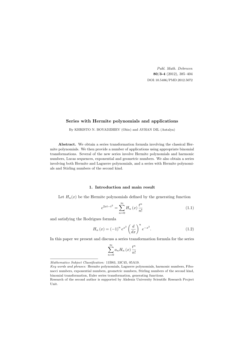 Pdf Series With Hermite Polynomials And Applications