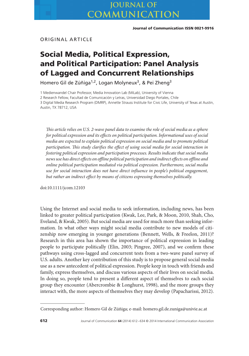 Pdf Social Media Political Expression And Political Participation Panel Analysis Of Lagged And Concurrent Relationships