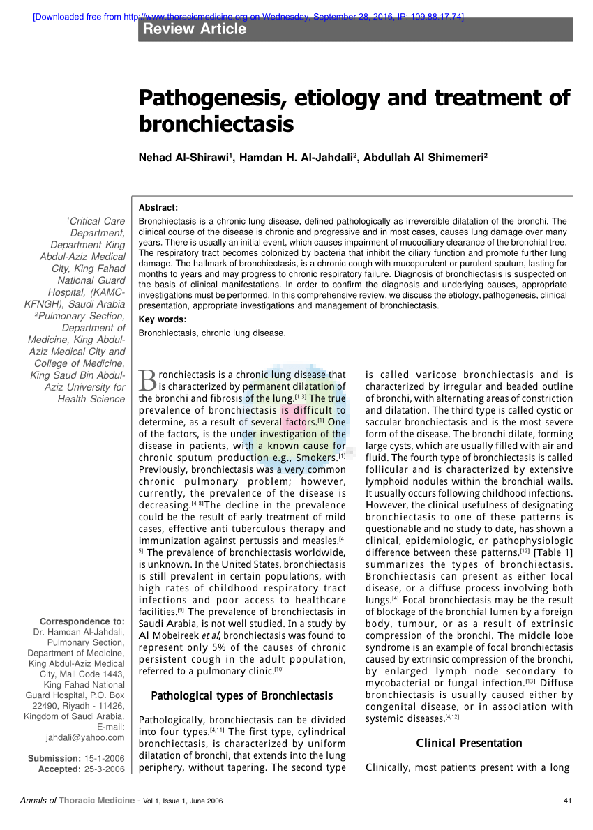 PDF Pathogenesis etiology and treatment of bronchiectasis