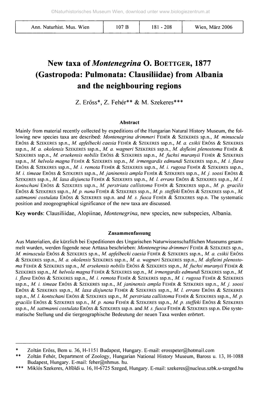 Pdf New Taxa Of Montenegrina O Boettger 1877 Gastropoda Pulmonata Clausiliidae From Albania And The Neighbouring Regions