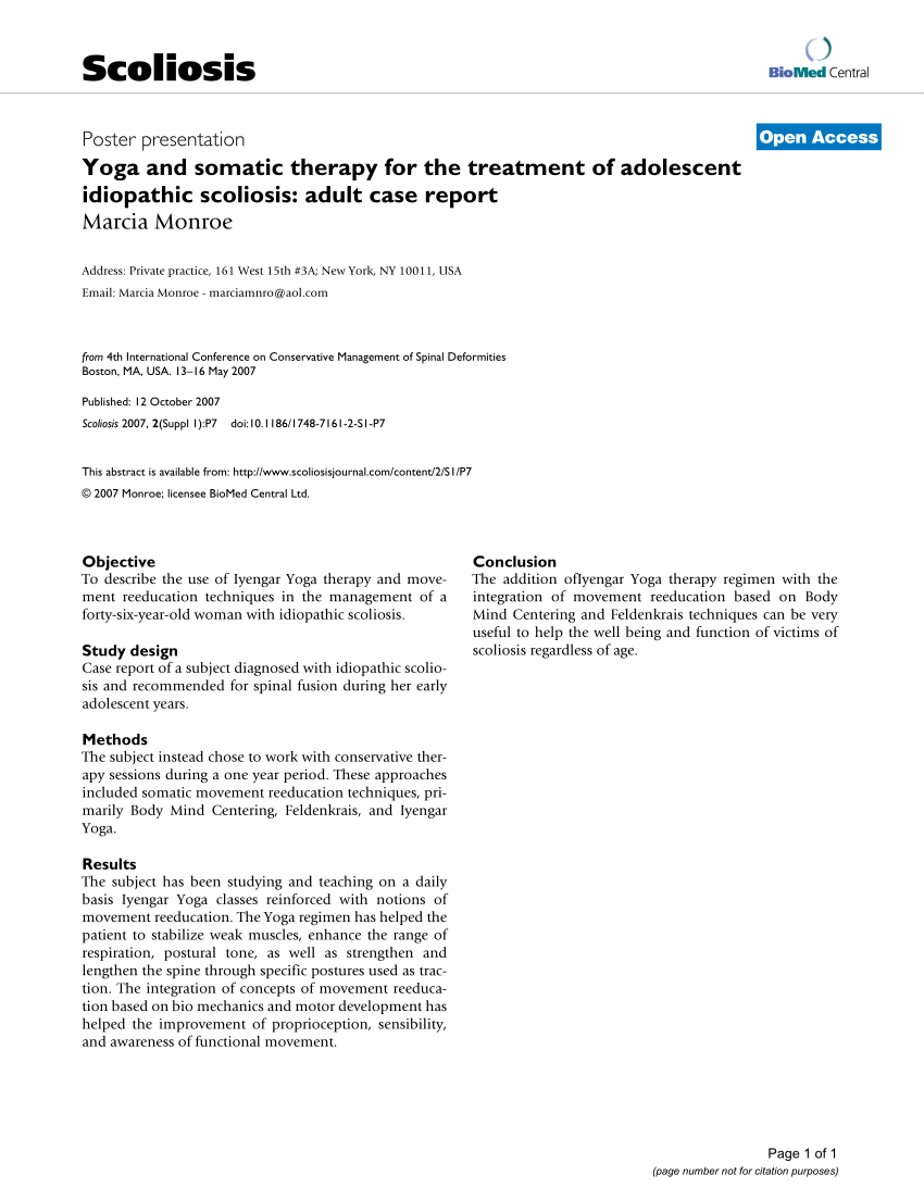 Pdf Yoga And Somatic Therapy For The Treatment Of Adolescent Idiopathic Scoliosis Adult Case Report