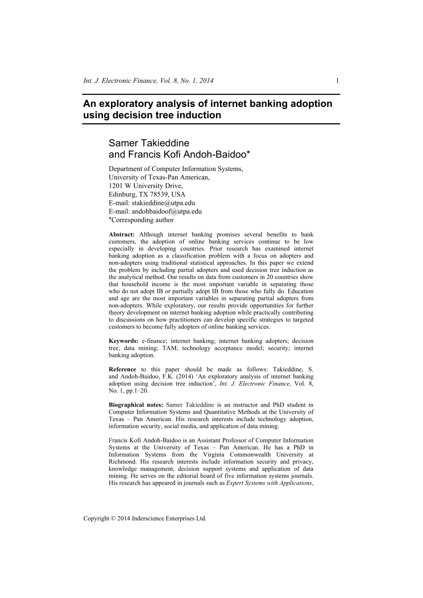 Pdf An Exploratory Analysis Of Internet Banking Adoption Using Decision Tree Induction