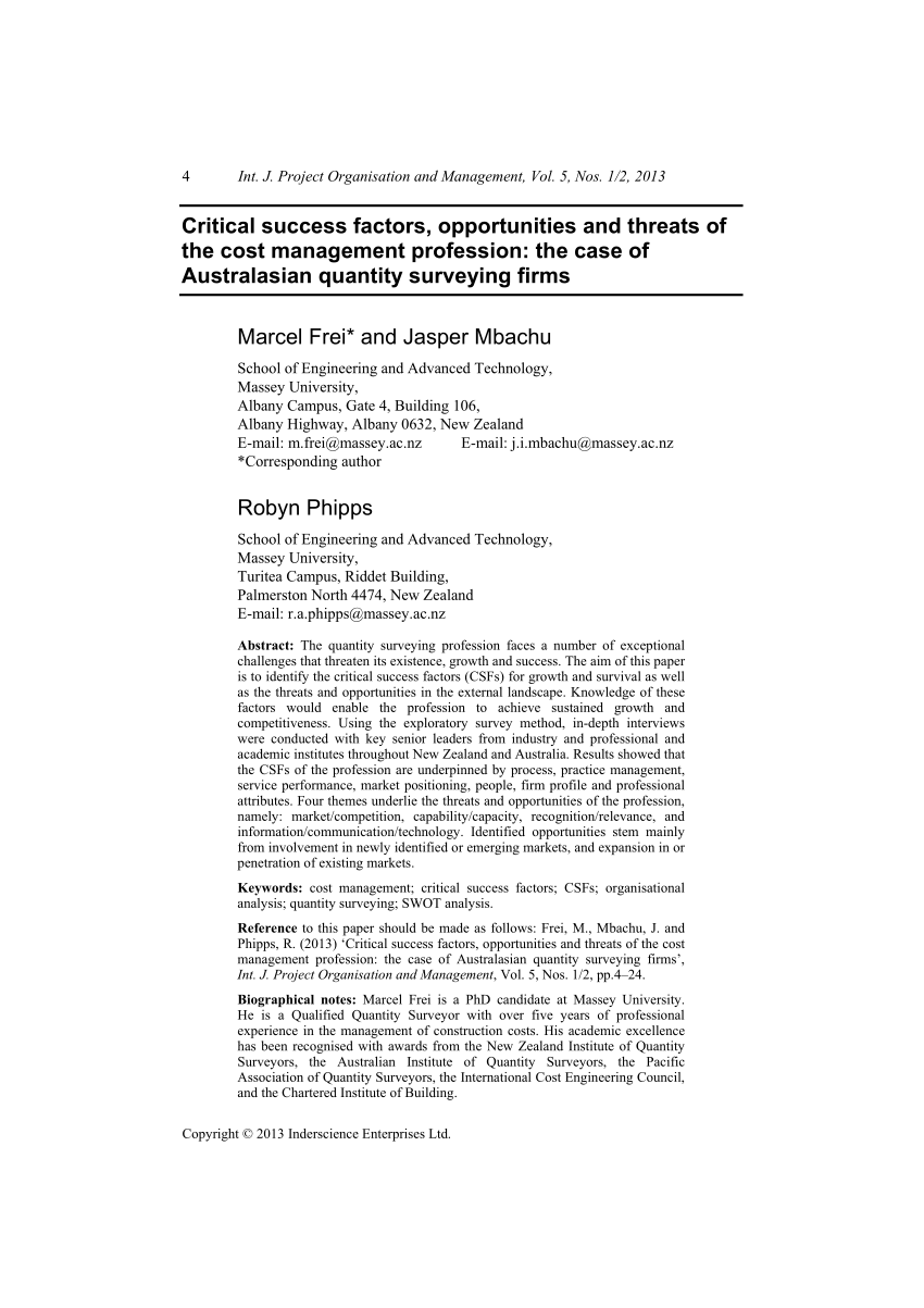 Pdf Critical Success Factors Opportunities And Threats Of The Cost - pdf critical success factors opportunities and threats of the cost management profession the case of australasian quantity surveying firms